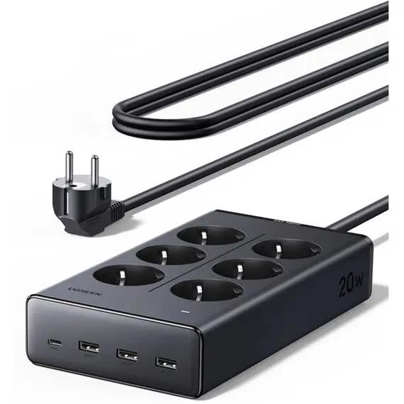 UGREEN S622 Power Strip (75141), 6 Socket, USB, Type-C, 1.5m, Black