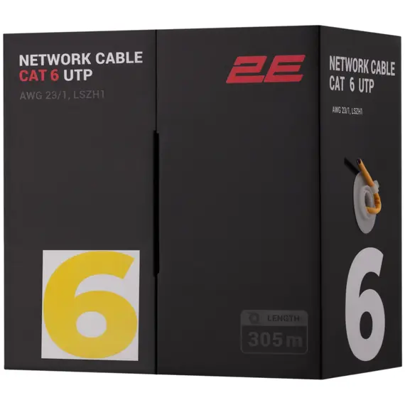 ქსელის კაბელი 2E CAT 6 UTP, 305m, AWG 23/1, LSZH-1 305M/Easy pull box packing | yellow