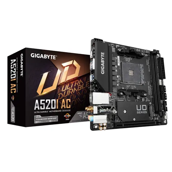 დედა დაფა GIGABYTE Motherboard A520I AC sAM4 A520 2xDDR4 M.2 HDMI DP Wi-Fi BT mITX