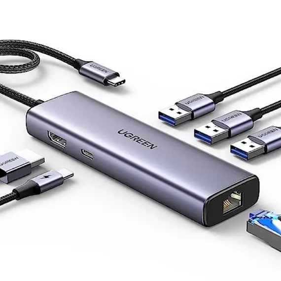 USB-C ჰაბი UGREEN CM512 (15598), Type-C, USB, HDMI, Lan, PD, Hub, Grey