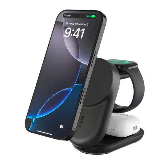 პორტატული დამტენი BELKIN 25w Qi2 3-IN-1 Foldable Charger, Black
