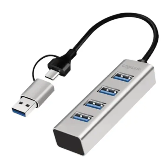 USB ჰაბი Logilink UA0455 USB 3.0 Hub 4xUSB-A 5 Gbit/s 2-in-1 connection Cable Silver