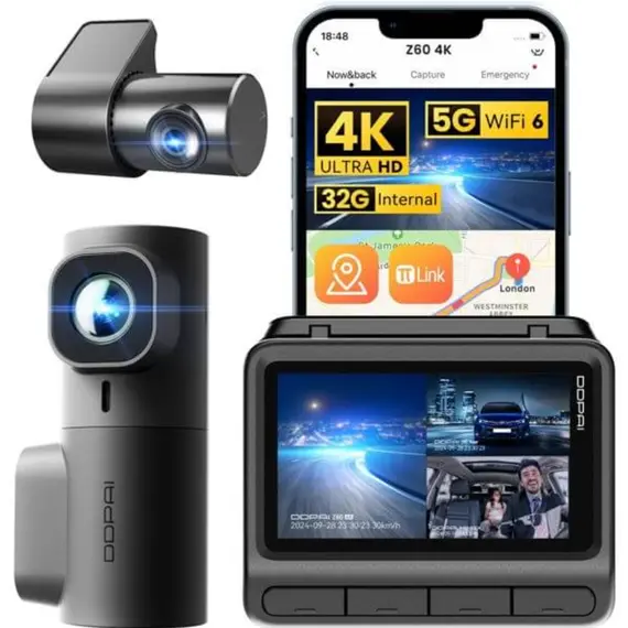 Car video recorder DDPAI Z60T, 140°, 4K UHD, WIFI, GPS, Bluetooth, Three-Channel Dashcam, Black