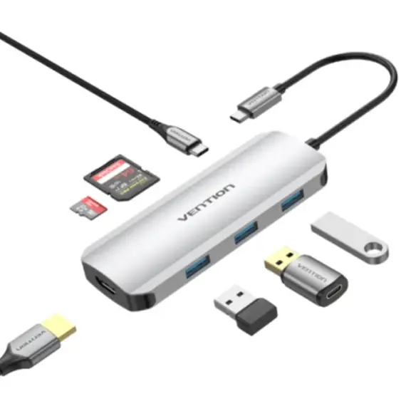 Dock Station Vention TOJHB 7-in-1 USB-C 4K/30Hz Docking Station 5Gbps 100W PD 0.15m Gray Aluminum