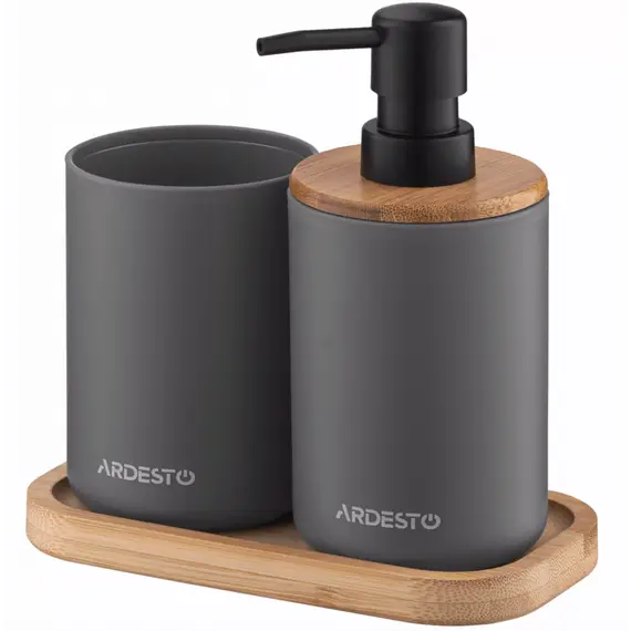 Soap dispenser ARDESTO Bathroom set Minimalism 360ml, 3 items, polypropylene, bamboo, dark grey 767637180702