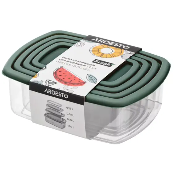 Set of food storage containers ARDESTO Fresh 0.25/0.5/0.75/1.2l, plastic, rectangular, green