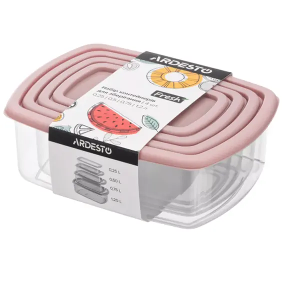 Set of food storage containers ARDESTO Fresh 0.25/0.5/0.75/1.2l, plastic, rectangular, pink