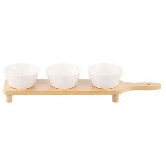 Set of saucers ARDESTO Saucer set with tray Midori, 3pcs, 110ml, new bone china, bamboo