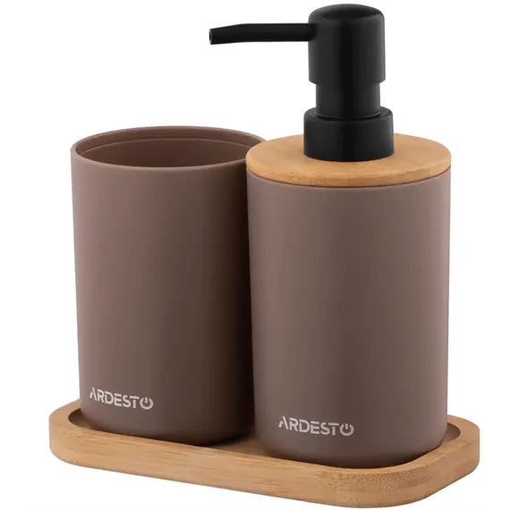 Soap dispenser ARDESTO Bathroom set Minimalism 360ml, 3 items, polypropylene, bamboo, taupe 767637180719