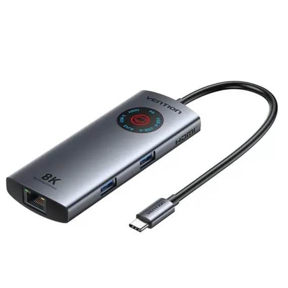 Dock Station Vention TQZHB 6-in-1 USB-C 8K/30Hz Docking Station 5Gbps 100W PD With Smart Led Display 0.15m Aluminum