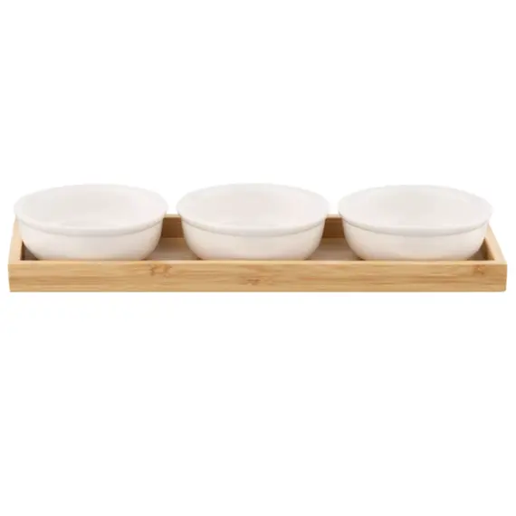 Set of ARDESTO Saucer with tray Midori, 3pcs, 160ml, new bone china, bamboo