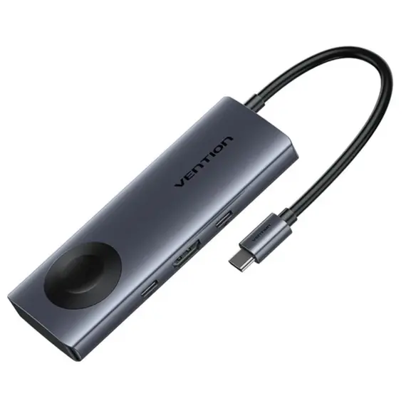 Docking Station Vention TPMHB 6-in-1 USB-C 4K/60Hz Wireless Charging Docking Station 5Gbps 100W PD 0.11m Gray Aluminum