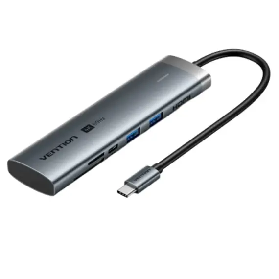 Docking Station Vention TPSHB 7-in-1 USB-C 4K/60Hz Docking Station 5Gbps 100W PD 0.15m Gray Aluminum