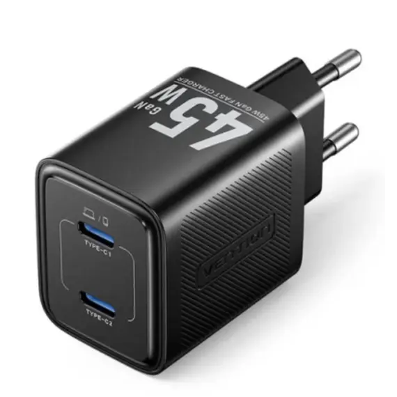 Adapter Vention FEFB0-EU 2-Port USB-C GaN Charger (45W/45W) EU-Plug Black