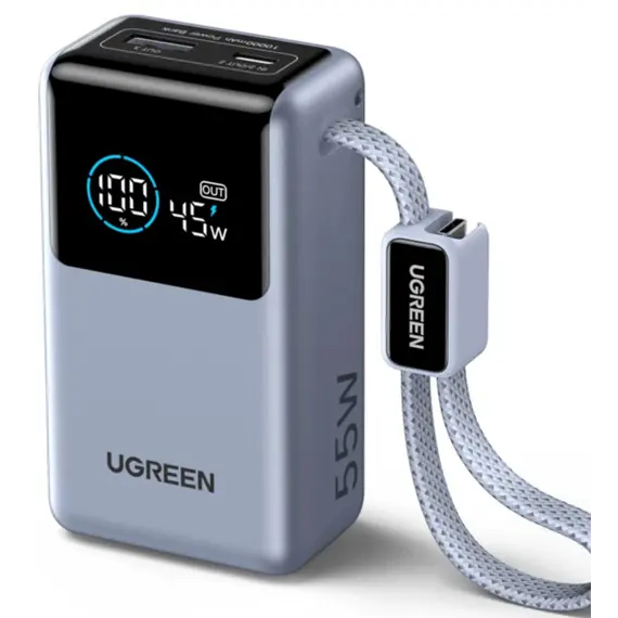 Portable Charger UGREEN PB727 (75701B) Nexode Pro, 10000mAh, Type-C, USB, Power Bank With Built-in Type-C Cable, Space Gray