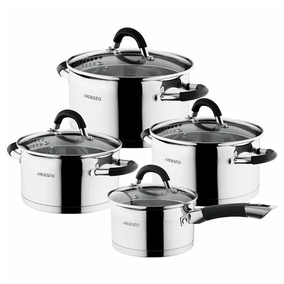 ქვაბების ნაკრები Ardesto Cookware set  Gemini Monza with drain, 8 pcs., Handles with gray silicone, stainless steel