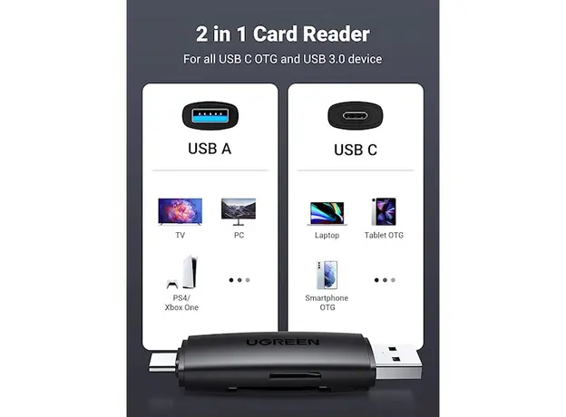 ბარათის წამკითხველი UGREEN CM304 (80191) Multifunction Card Reader, USB-A, USB-C, SD/TF, Black, 3 image
