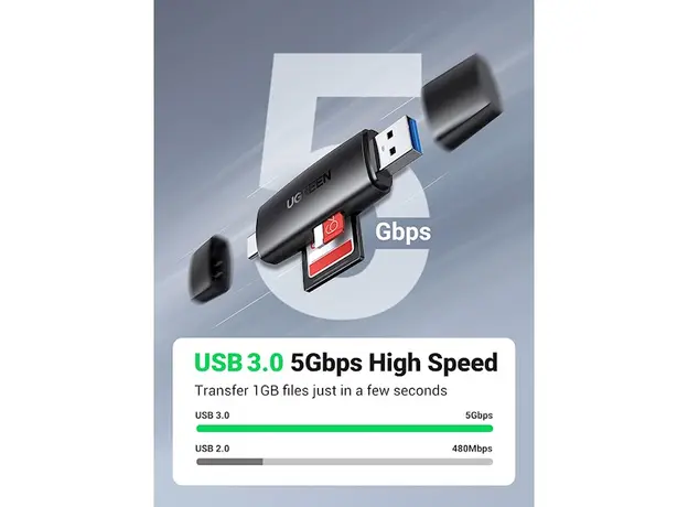 ბარათის წამკითხველი UGREEN CM304 (80191) Multifunction Card Reader, USB-A, USB-C, SD/TF, Black, 4 image