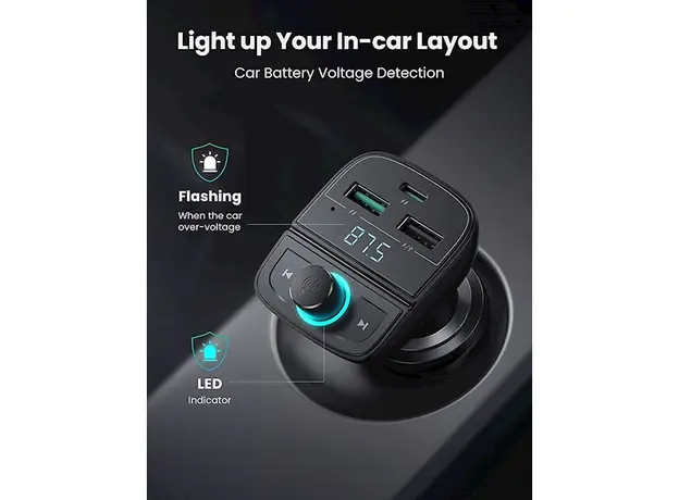 მობილურის დამტენი UGREEN CD229 (80910) Bluetooth Car Charger BT5.0, PD, QC3.0, USB Flash Drive, TF, Black, 7 image