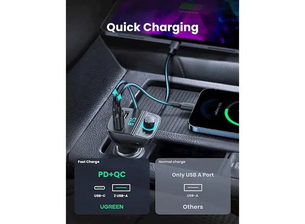 მობილურის დამტენი UGREEN CD229 (80910) Bluetooth Car Charger BT5.0, PD, QC3.0, USB Flash Drive, TF, Black, 6 image