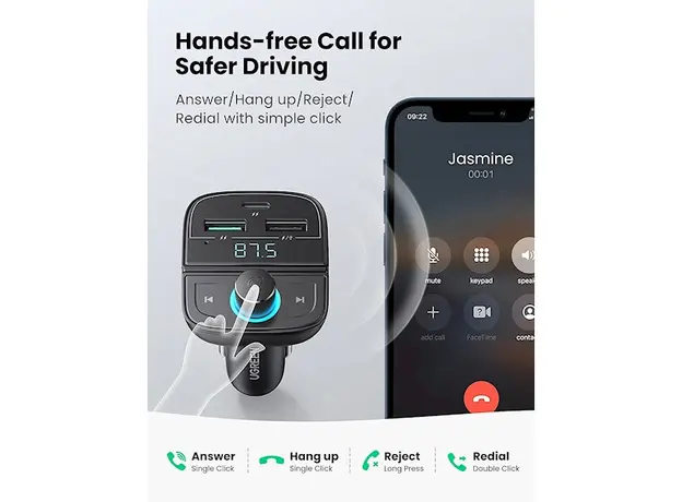 მობილურის დამტენი UGREEN CD229 (80910) Bluetooth Car Charger BT5.0, PD, QC3.0, USB Flash Drive, TF, Black, 8 image