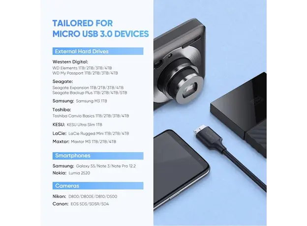 Micro-B USB კაბელი UGREEN US312 (20103) Type-c to Micro B USB 3.0 to USB-C Cable 1M, 8 image