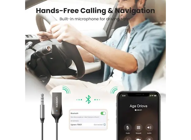 აუდიო ადაპტერი UGREEN CM309 (70601) USB to Aux Car Bluetooth 5.0 Receiver Audio Adapter Black, 4 image