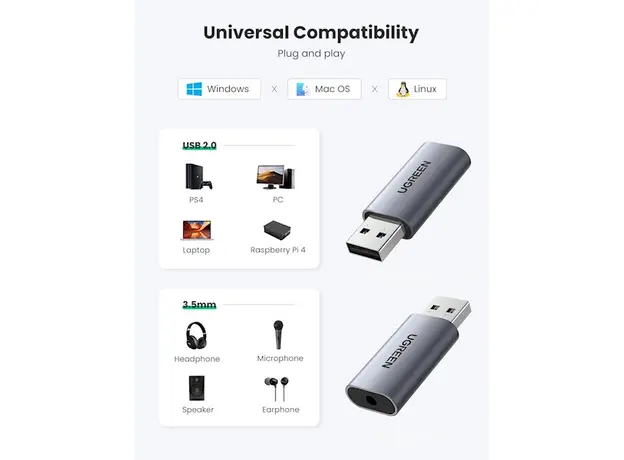 USB ხმის ბარათი UGREEN USB 2.0 to 3.5mm Audio Adapter (CM383) 80864, 3 image