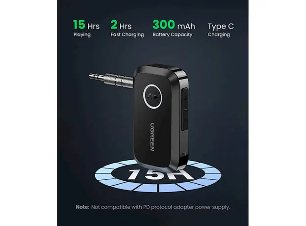 Bluetooth მიმღები UGREEN CM596 (90748), Bluetooth, AUX, Car Adapter, Black, 7 image