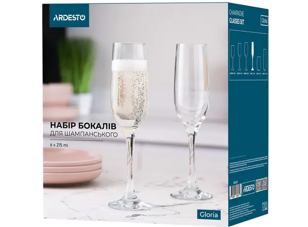 შამპანურის ჭიქები Ardesto Champagne glasses set Gloria 6 pcs, 215 ml, glass, 3 image