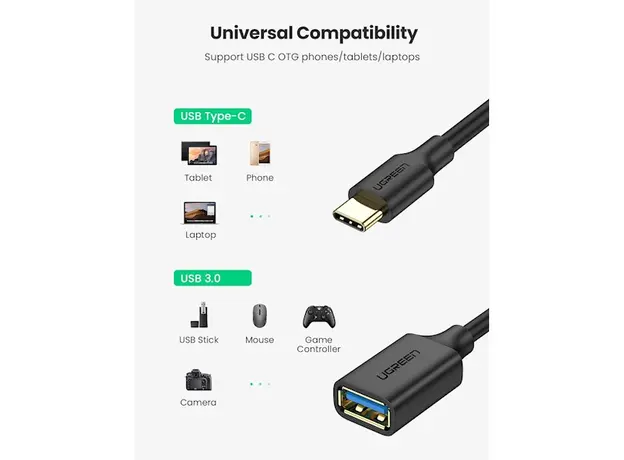 OTG კაბელი UGREEN 30701 USB-C Male to USB 3.0 Female OTG Cable Black USB 3.0 15 cm, 2 image