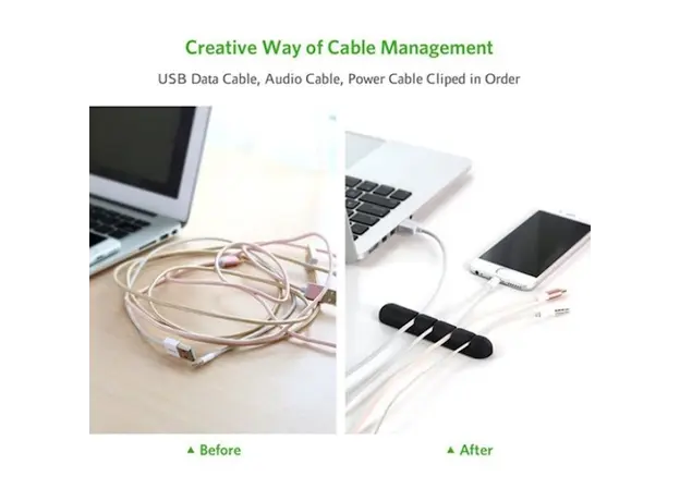 კაბელების მენეჯერი UGREEN LP114 (30762) Cable organizer 2 Pack silicone usb cable winder flexible cable control cable with clips holder for mouse headphones Black, 6 image