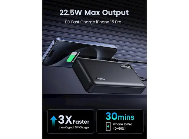 პორტატული დამტენი UGREEN PB312(25683), 20000mAh, USB Type-C, USB, Two-way Power Bank, Black, 5 image