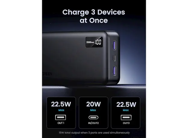 პორტატული დამტენი UGREEN PB312(25683), 20000mAh, USB Type-C, USB, Two-way Power Bank, Black, 6 image
