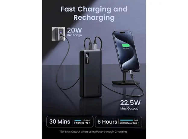 პორტატული დამტენი UGREEN PB312(25683), 20000mAh, USB Type-C, USB, Two-way Power Bank, Black, 7 image