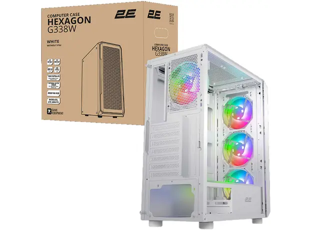 კომპიუტერის ქეისი 2E Hexagon G338W, without PSU, 2xUSB 3.0, 1xUSB Type-C, 1x120mm, 3x120mm ARGB, TG Side Panel, ATX, White, 2 image