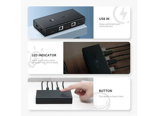 KVM სვიჩი UGREEN CM200 (50744), HDMI 2 IN 1 KVM Switcher, 4K*2K@30HZ, Black, 5 image