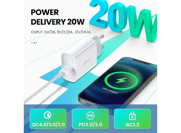 მობილურის დამტენი UGREEN CD137 (60450) Fast Charging Power Adapter with PD 18W EU (White), 8 image
