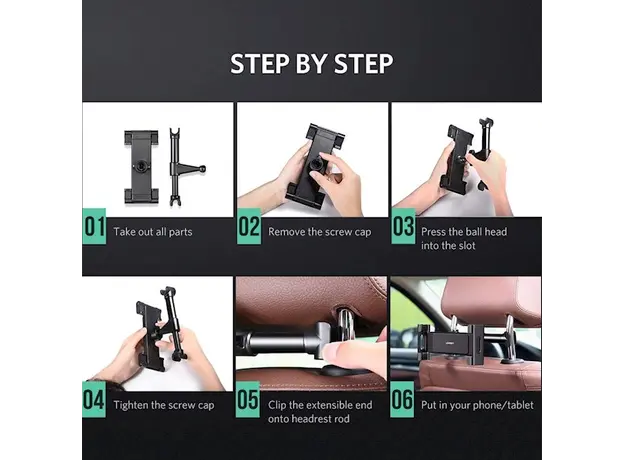 პლანშეტის დამჭერი UGREEN LP160 (60108) Car Headrest Mount Holder, Black, 8 image