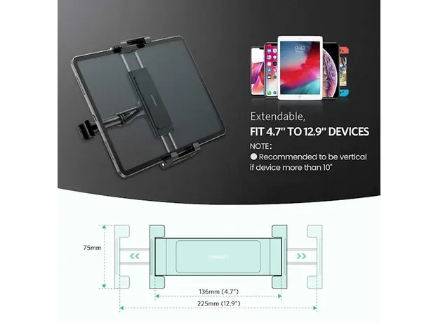 პლანშეტის დამჭერი UGREEN LP160 (60108) Car Headrest Mount Holder, Black, 5 image