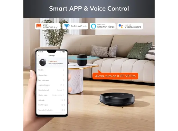 რობოტი მტვერსასრუტი მშრალი და სველი წმენდით Ilife V9 Pro, 3000Pa, Gyroscope Navigation, Self-Empty Robotic Vacuum Cleaner With APP Control, Black, 9 image