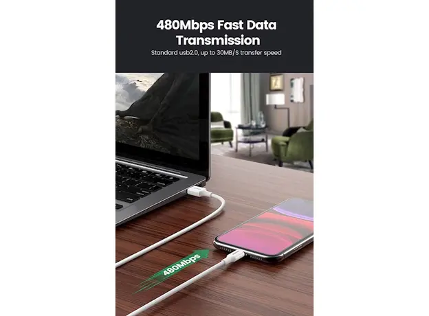 კაბელი UGREEN USB-A Male to Lightning Male Cable Nickel Plating ABS Shell 1m (Black), 4 image