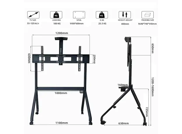 ტელევიზორის საკიდი Allscreen Universal LCD LED TV Bracket R12, With Roller, Size 55”-120”, Black, 3 image