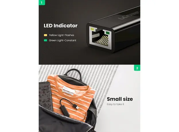 ლან ადაპტერი UGREEN CR111 (20256) USB 3.0 to RJ45 Gigabit Ethernet Adapter, Black, 6 image