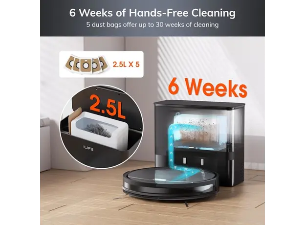 რობოტი მტვერსასრუტი მშრალი და სველი წმენდით Ilife V9 Pro, 3000Pa, Gyroscope Navigation, Self-Empty Robotic Vacuum Cleaner With APP Control, Black, 6 image