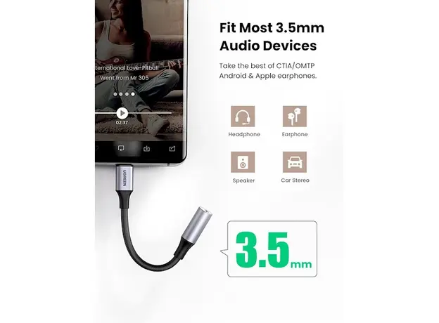 აუდიო ადაპტერი UGREEN USB-C to 3.5mm M/F Cable Aluminum Shell with Braided 10cm (Space Gray), 5 image