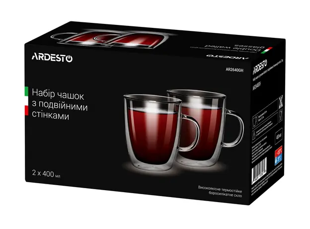 ლატეს ჭიქების ნაკრები  ARDESTO Double wall borosilicate glass mug set, 400 ml, 2 pcs, with handles, 3 image