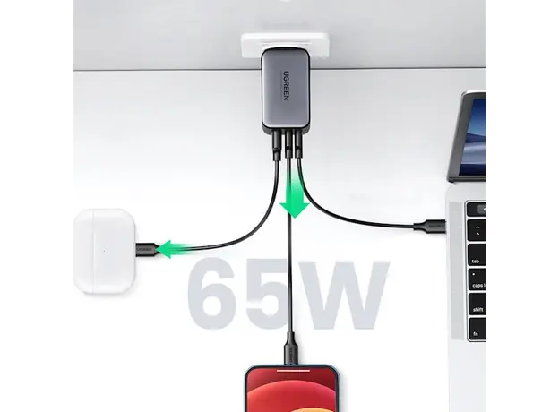 დამტენი UGREEN CD244 (10335), 65W, 2xUSB-C, Type-c, USB, Space Gray, 5 image
