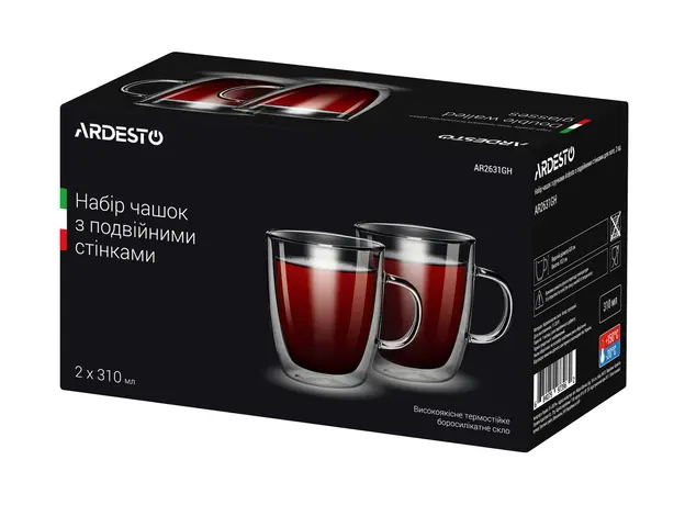 ლატეს ჭიქების ნაკრები ARDESTO Double wall borosilicate glass mug set Ardesto, 310 ml, 2 pcs, with handles, 3 image