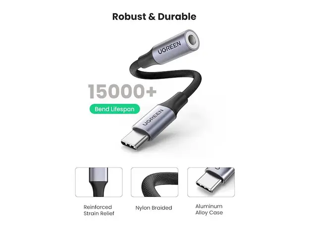 აუდიო ადაპტერი UGREEN USB-C to 3.5mm M/F Cable Aluminum Shell with Braided 10cm (Space Gray), 7 image